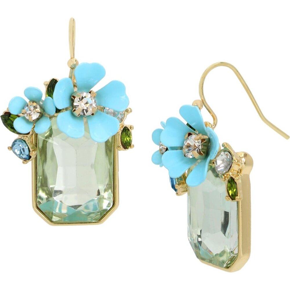 Women's Flower Cluster Stone Drop Earrings Featuring Emerald Cut Light Green
